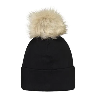 Metsola RIB BEANIE WITH FUR POM, BLACK - A, kuva 1 / 1